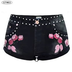 Szymgs модные Вышивка Джинсовые шорты для Для женщин с заклепками летние Повседневное Винтаж цветочный Короткие джинсы черные джинсовые