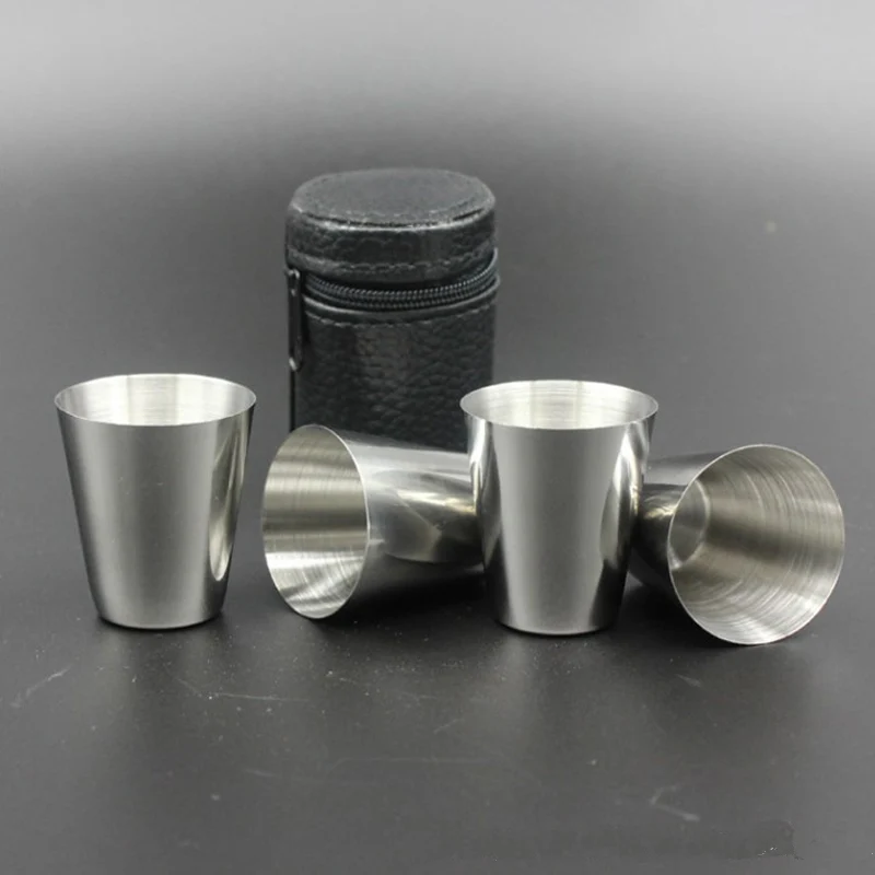 Shot Glasses 4pcs/set 30ml Mini Stainless Steel Wine Drinking Glasses With Leather Cover Bag Barware Portable Outdoor