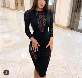 

Lace Bandage Dress Top Quality Sexy Long Sleeve Mini Celebrity Elegant Bodycon Party Dersses Women Black