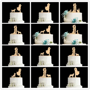 

Bride and Groom with Pets Wooden Wedding Cake Toppers, Wooden Silhouette Wedding Party Cake Topper Decoration Supplies
