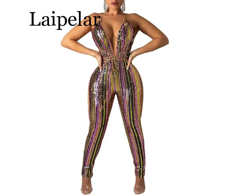 

Colorful Striped Sequins Bandage Jumpsuit Sexy Deep V Neck Spaghetti Straps Night Club Party Outfits Women Romper Overall
