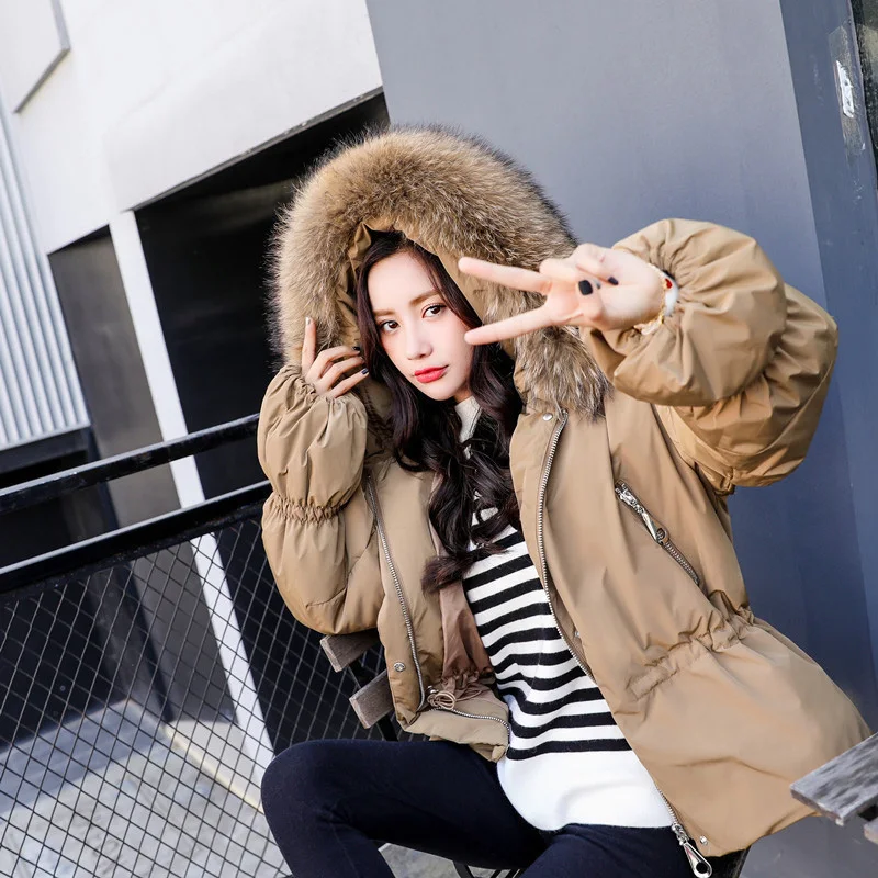 

Real Natural Raccoon Fur Collar 2019 Winter Jacket Women White Duck Long Down Parka Hooded Down Jacket Female Loose Warm Coat