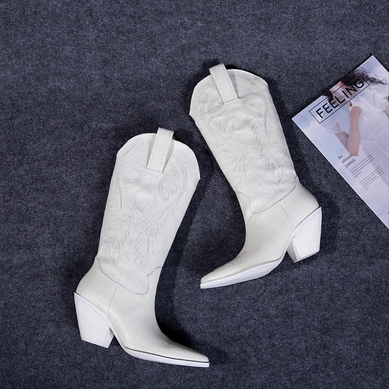 

Women Shoes Embroider Pointed Toe Knee High Ankle Boots For Women Western Cowboy Boots Women