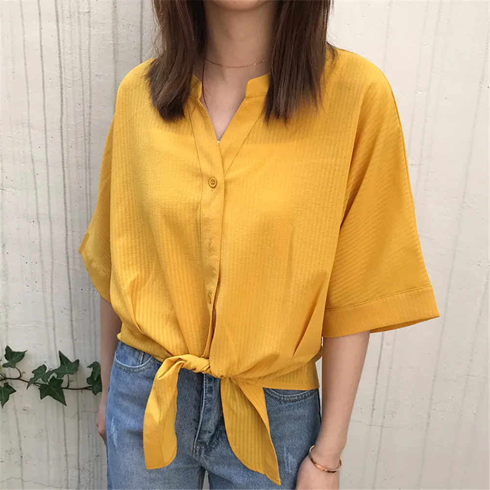 Short Style Loose Chest Women Blouse Shirt 2018 Summer V Neck Casual Short Shirt Chiffon Half Sleeve Dating Blouse campus Shirt (23)