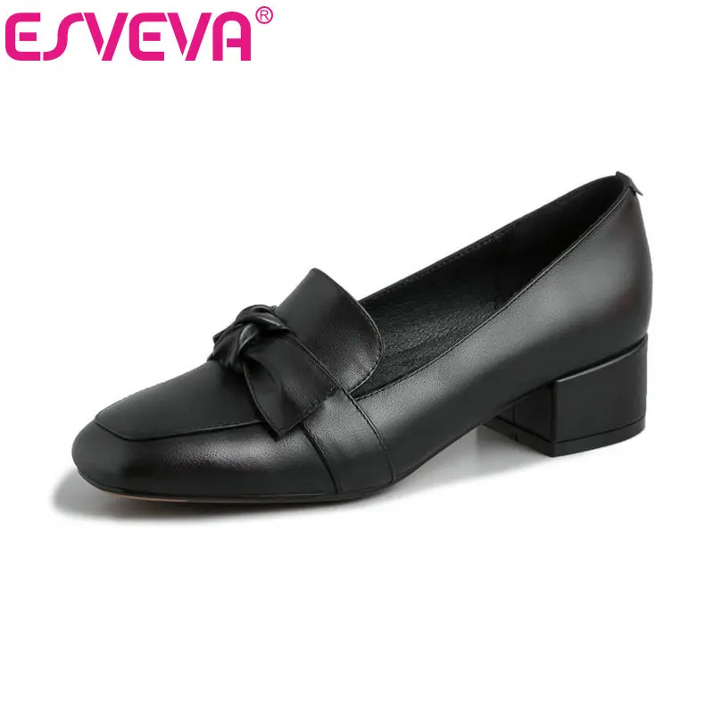 

ESVEVA 2020 Women Shoes Autumn Square Low Heel Patent Leather+PU Woman Butterfly-Knot Pointed Toe Shoes Fashion Size 34-39