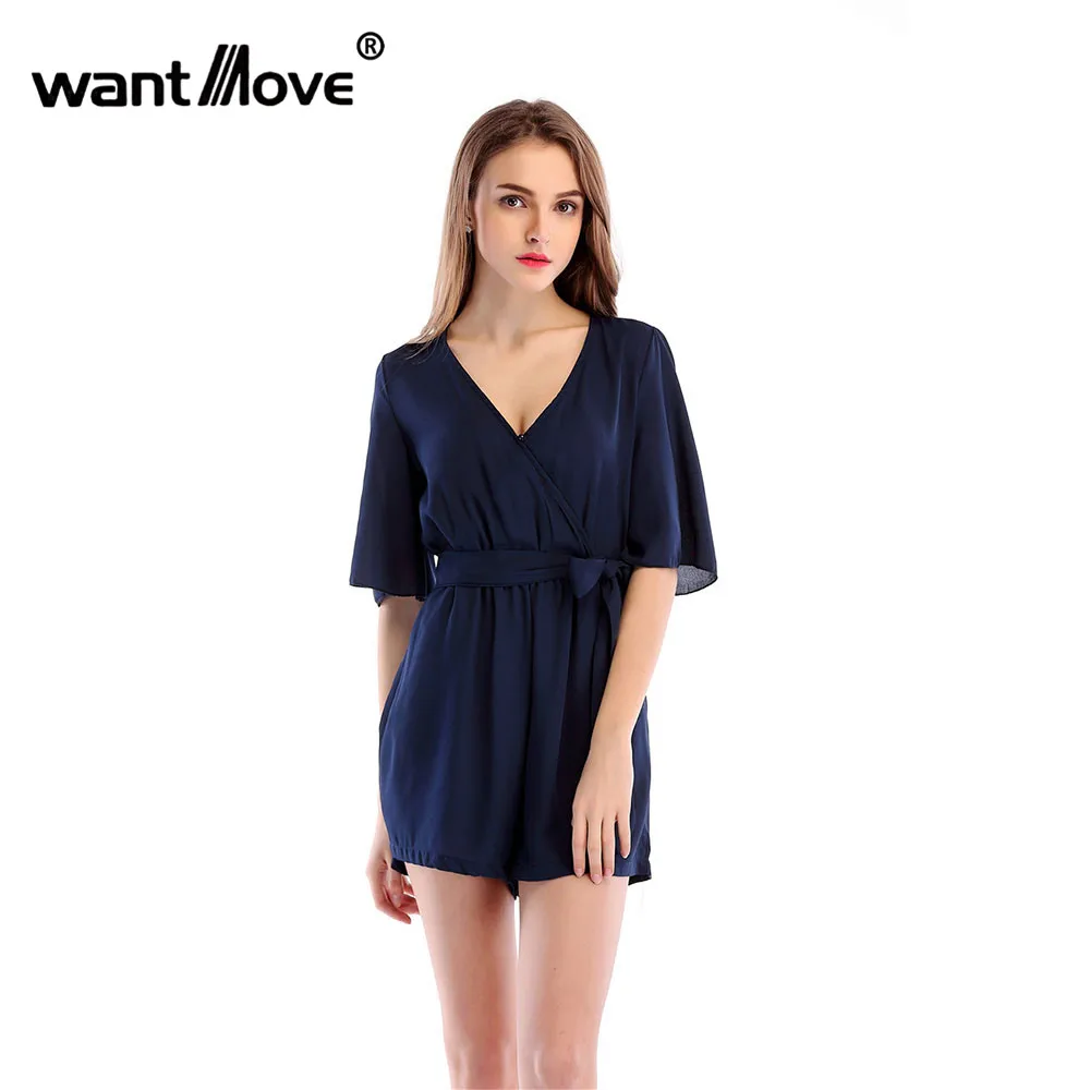 Wantmove2018 Европа и Америка Лето однотонный комбинезон шифон v-neek бант ремень повседневный вечерний праздничный комбинезон WM362