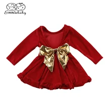 Emmababy дети одежда для малышей Обувь для девочек принцессы с длинными рукавами платья для малышек с бантом Выходные туфли на выпускной бал нарядное бархатное платье мини