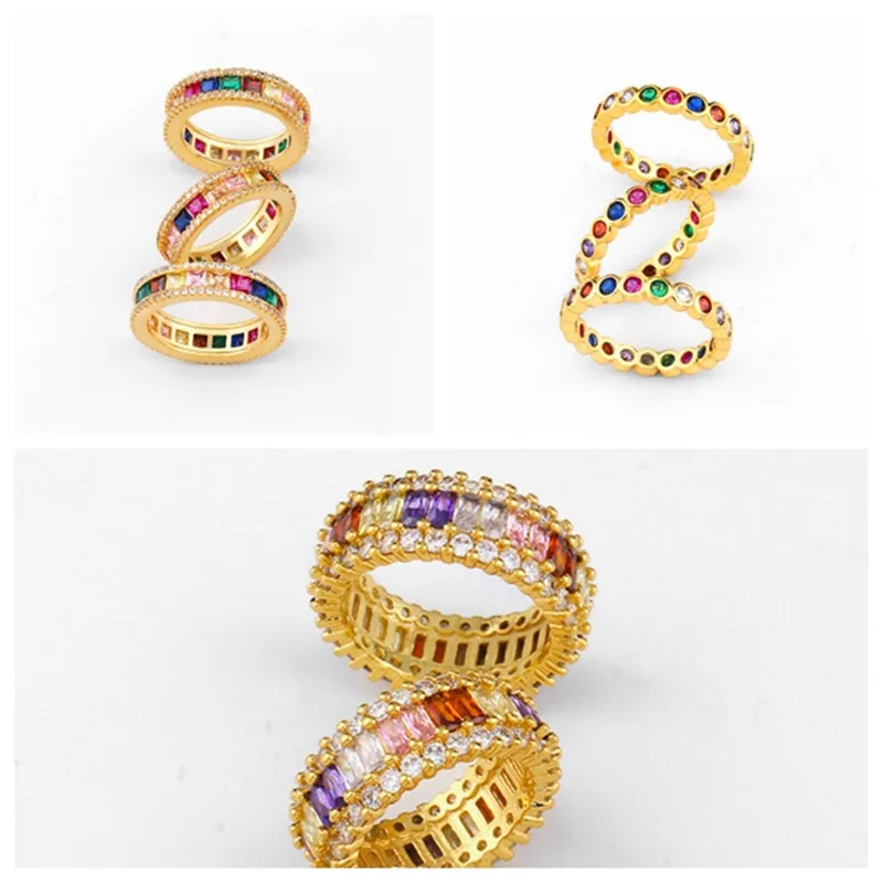 

New Rainbow Crystal Rings Engagement Wedding Band Gold Rings For Women Colorful Cubic Zirconia CZ Square Rings Fashion Jewelry