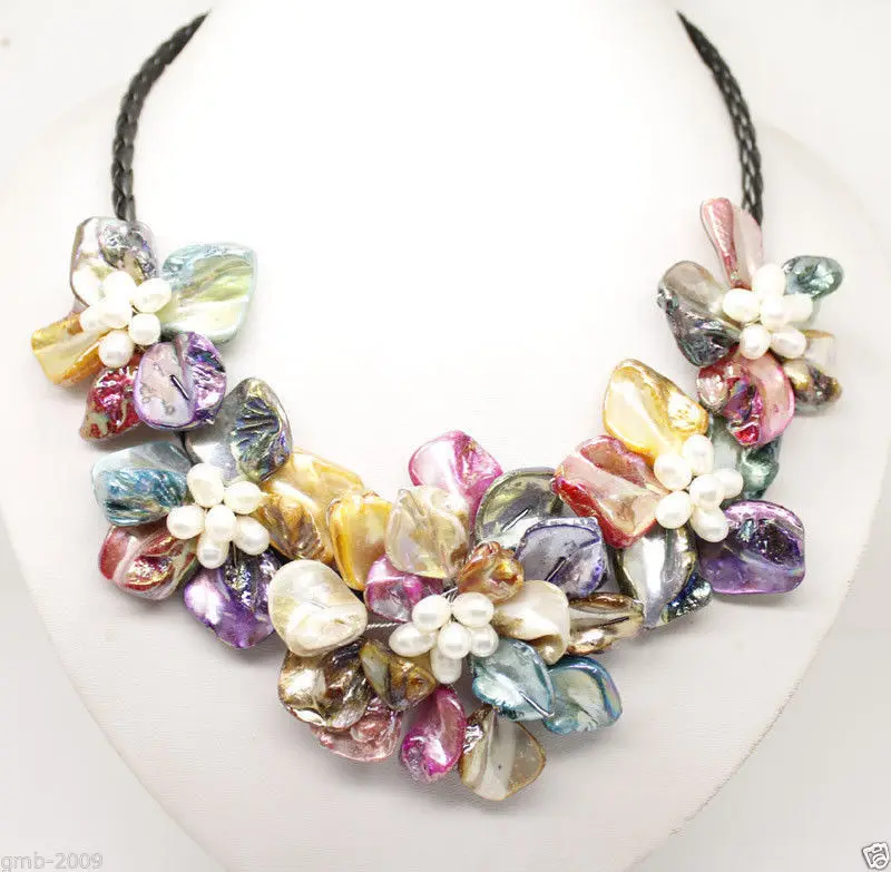 

Free Shipping >Gorgeous New Multicolor Baroque Shell Pearl Five Flowers Bloom Bid Necklace 18