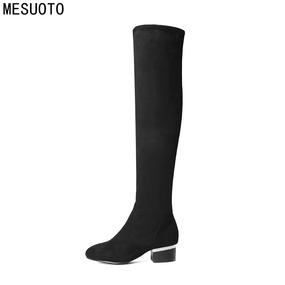 

MESUOTO Spring Autumn Concise Square Heels Elastic Slim Soft Fold Suede Nubuck Womens Knee High Boots Plus Size