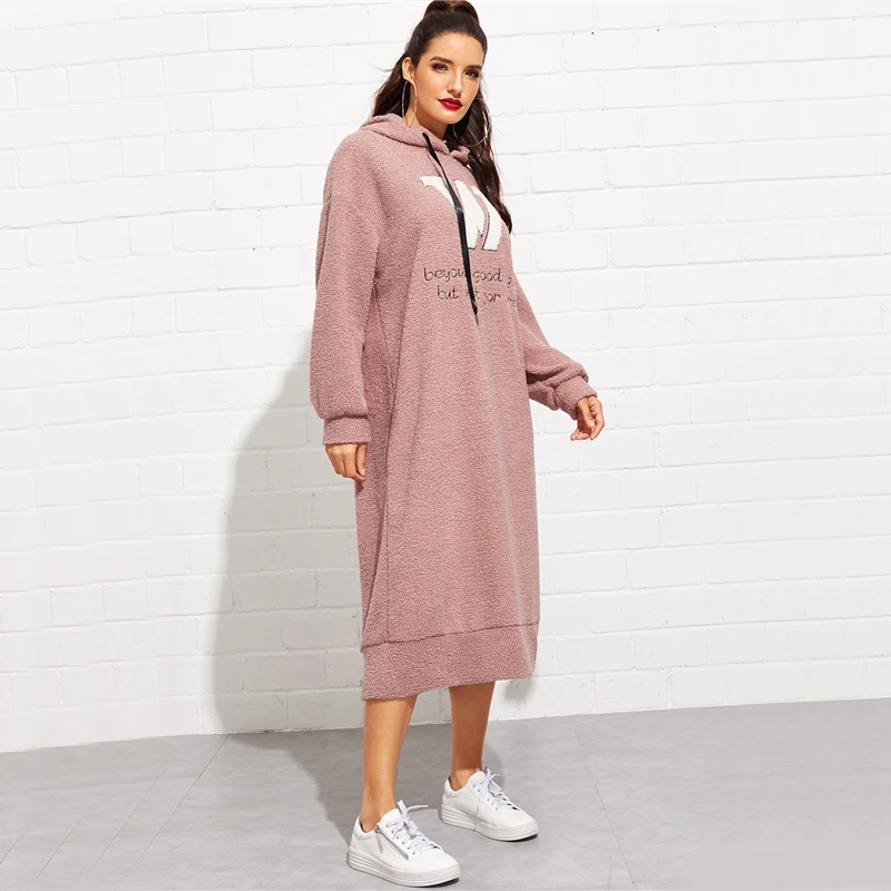 Dotfashion/розовое вышитое платье с капюшоном и разрезом в виде букв, женская одежда, Осеннее модное платье-толстовка с длинным рукавом