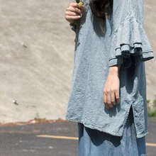 Летняя коллекция года, однотонная Удобная хлопковая футболка средней длины с рукавами в виде лотоса, ретро художественный стиль, хлопковая и льняная футболка