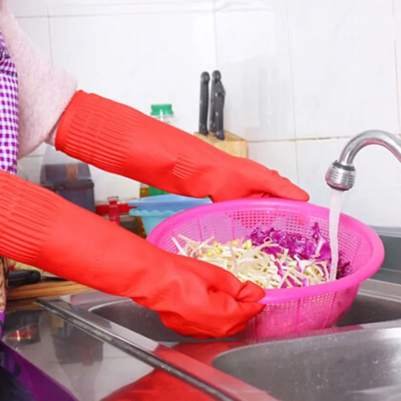 Удобная резиновая чистые перчатки Красный Блюдо леди стиральная длинные резиновые перчатки гибкие хозяйственные перчатки Кухня