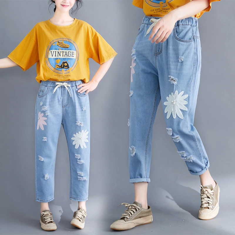 Женские летние модные брендовые винтажные джинсовые брюки в Корейском стиле с принтом снежинки, с эластичной резинкой на талии, длиной до щиколотки