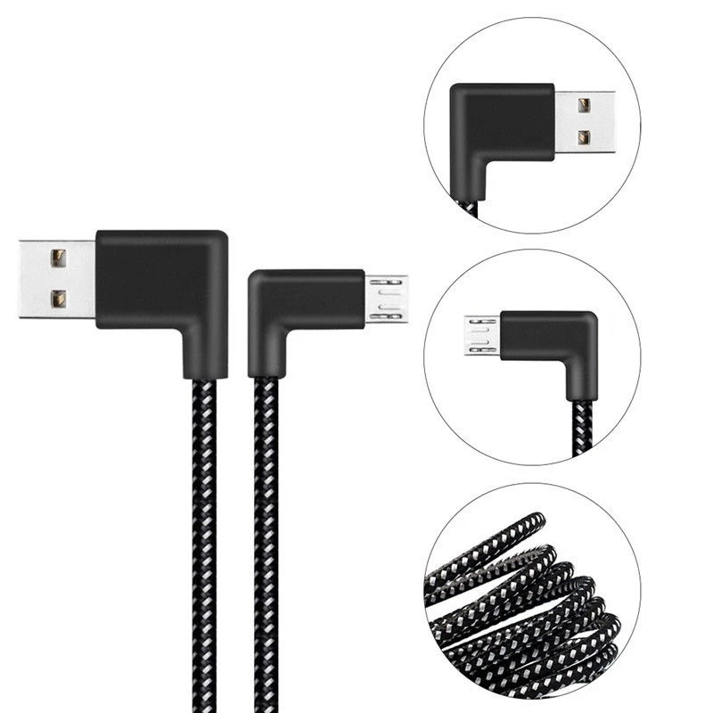 Double L Shaped 90 Degree Angled Micro USB Braided Charging Cable Cord