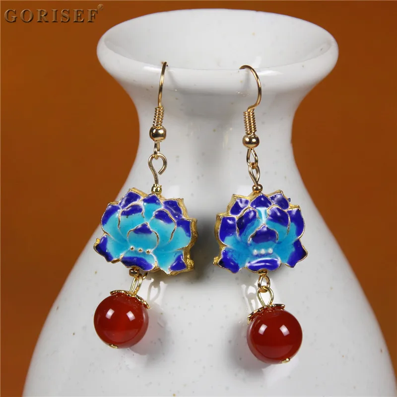 

Chinese landscape Thai blue chalcedony earrings traditional craft copper lotus female handmade jewelry free shipping new listing