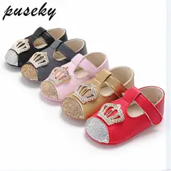 Puseky/весенне-Осенняя детская обувь принцессы для девочек, детская Свадебная обувь для девочек, золотистая, Черная Корона, блестки, Детская