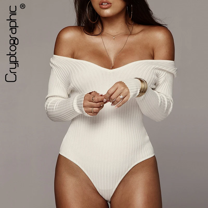 

Cryptographic cotton fashion ribbed knitted sexy bodysuit long sleeve skinny body women rompers off shoulder bodycon bodysuits