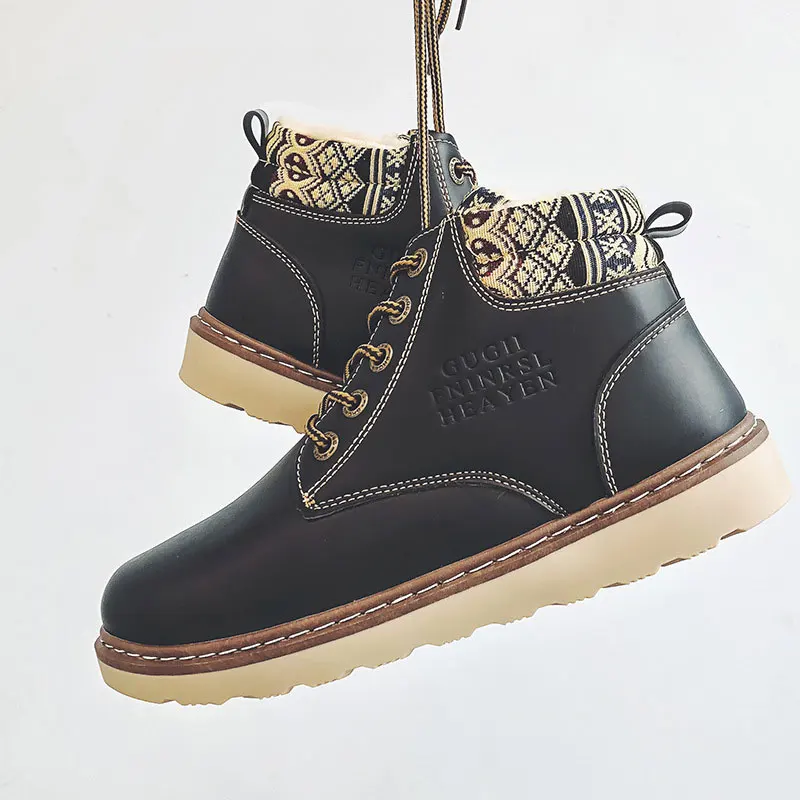 

Winter New Fashion Flat Casual Shoes Leather waterproof printing Snow Shoe Plus velvet warm shoe for man