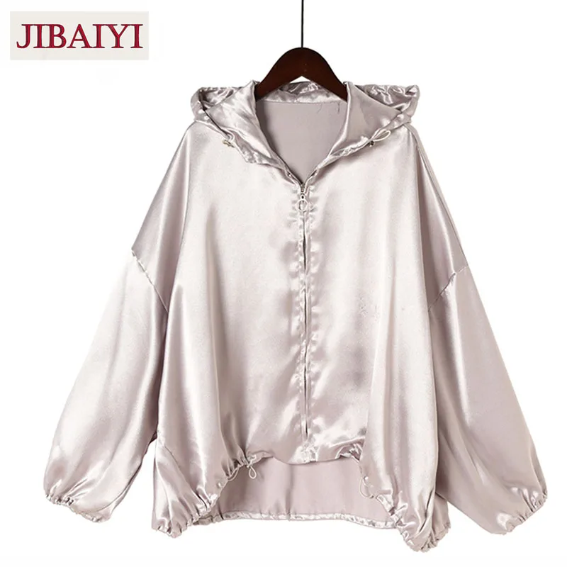 Good quality Silver coat zipper winter hooded autumn hip hop punk style batwing sleeve basic jacket woman tops kpop plus size