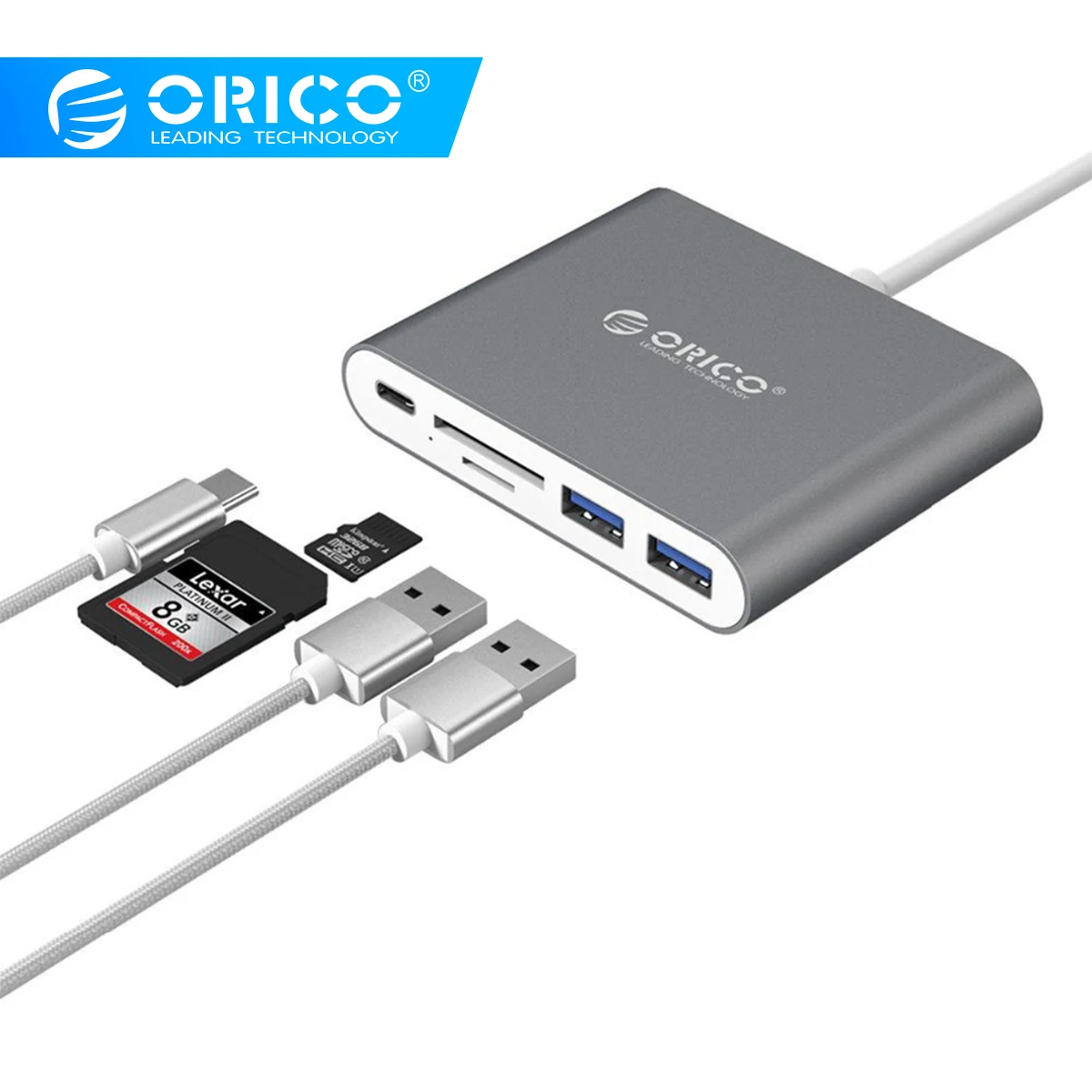 ORICO алюминиевый тип-c устройство для чтения карт SD TF с 2 портами USB3.0 поддержка PD зарядки ноутбука док-станции usb-хаб