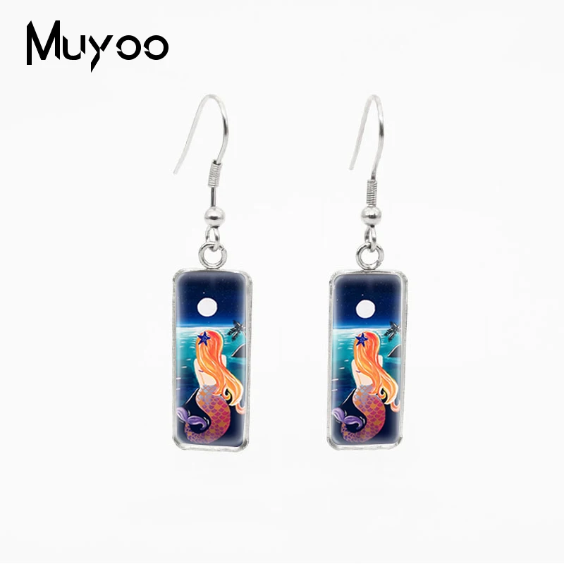 

Vintage Mermaid Art Paintings Fairy Tale Patterns Glass Cabochon Square Fish Hook Earrings Stainless Steel Jewelry Hook Earrings