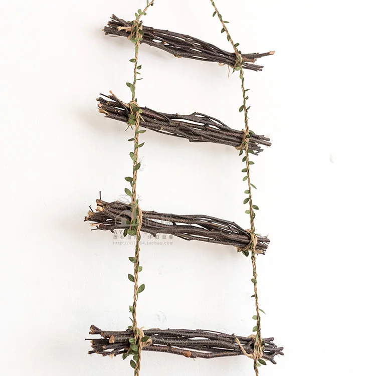 Wood Linen Rattan Branches Decoration Ladder Home Wall Hanging