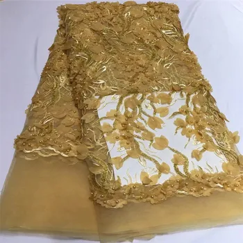 

african lace fabric with 3D flower and beads 2018 latest yellow lace fabric high quality 3d lace fabric for wedding F206-1