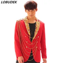 Кнопки цепи мужской костюм куртки модные тонкие облегающие пальто красного цвета в стиле панк рок-певец барабан танцевальный сценический костюм Go-Go хост Костюмы