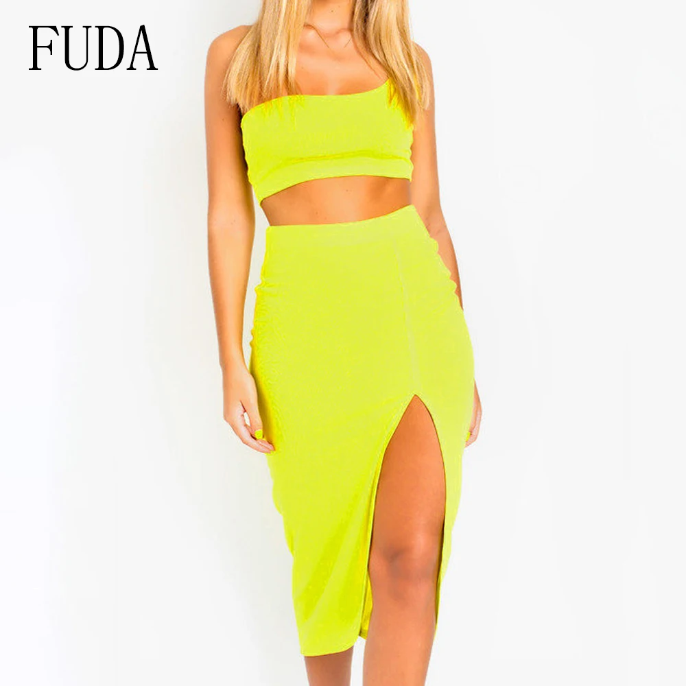 FUDA Sexy Two Piece Sets One-shoulder Top and High Split Dress Women Summer Sleeveless Hollow Out Open Back Female Dresses FUDA Sexy Two Piece Sets One-shoulder Top and High Split Dress Women Summer Sleeveless Hollow Out Open Back Female Dresses