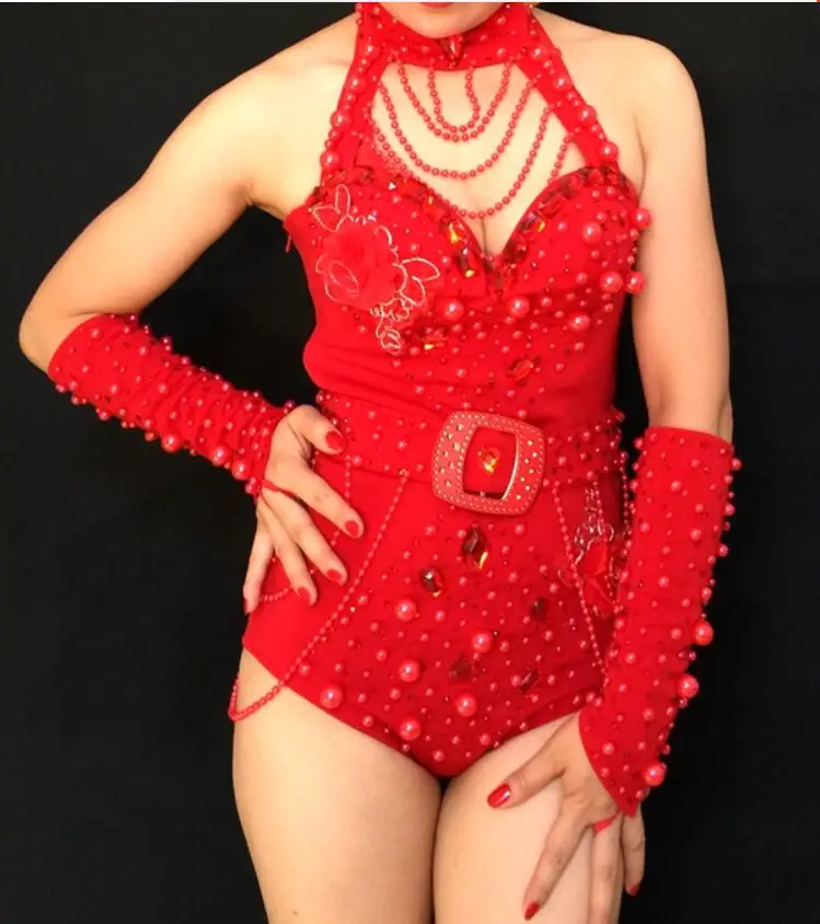 Red Bodysuit Cuff Hand Sewing Pearl Rhinestones Bodysuit 4 Colors Sparkly Crystal Bodysuit Sexy Bar DJ Lady Singer Stage Outfit Team Jazz Costume - Цвет: Red Bodysuit Cuff