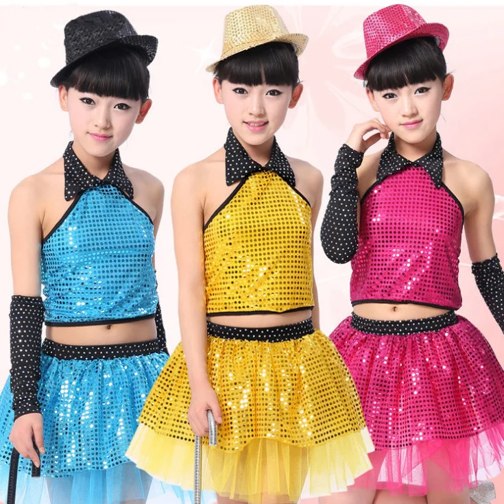 Kids Sequined Ballroom Modern Jazz Hip Hop Dance Competition Costumes