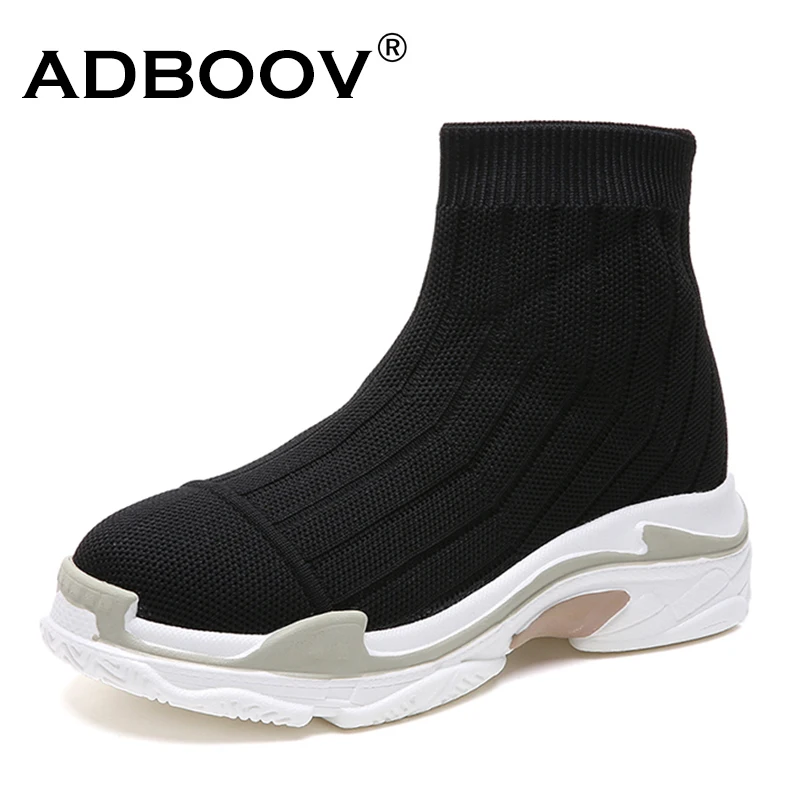 

ADBOOV Autumn High Top Sneakers Women Platform Ankle Boots Knit Slip On Sock Shoes Woman Botas Mujer 2018 Black Yellow Pink
