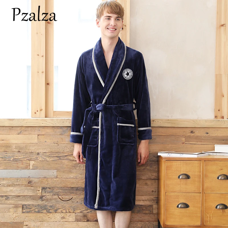 Long Winter Sleeping Robe For Men Soft Flannel Warm Robe Bathrobe Men