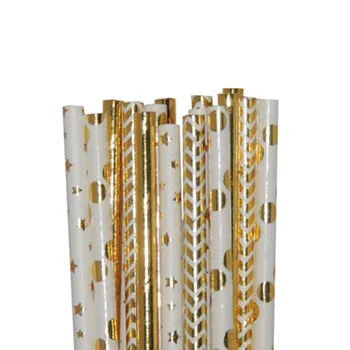 

500pcs Gold Foil Paper Straws Metallic Gold Striped Star Dot Chevron Paper Straws for Wedding Baby Shower Birthday Bridal Decor