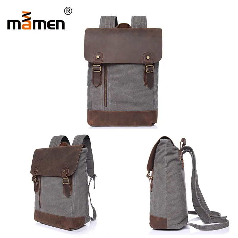 

Mamen Canvas Bag 31*38*16cm 25-30L High Capacity Polyester Cotton Cowhide Casual Retro Bag Backpack Zip Camera Computer Bag