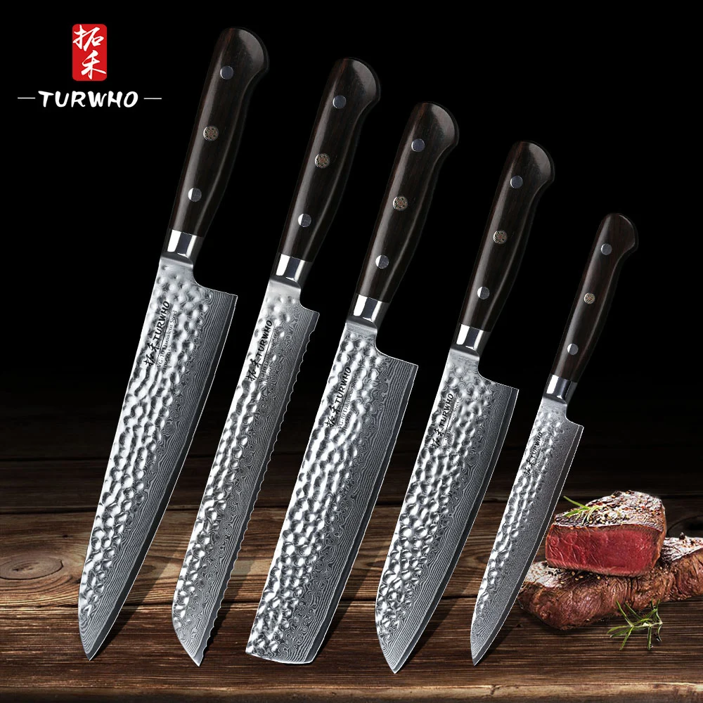 

TURWHO 5 PCS Kitchen Knives Set VG10 Damascus Steel High Carbon Japanese Chef Santoku Utility Knife Cooking Set ebony Handle