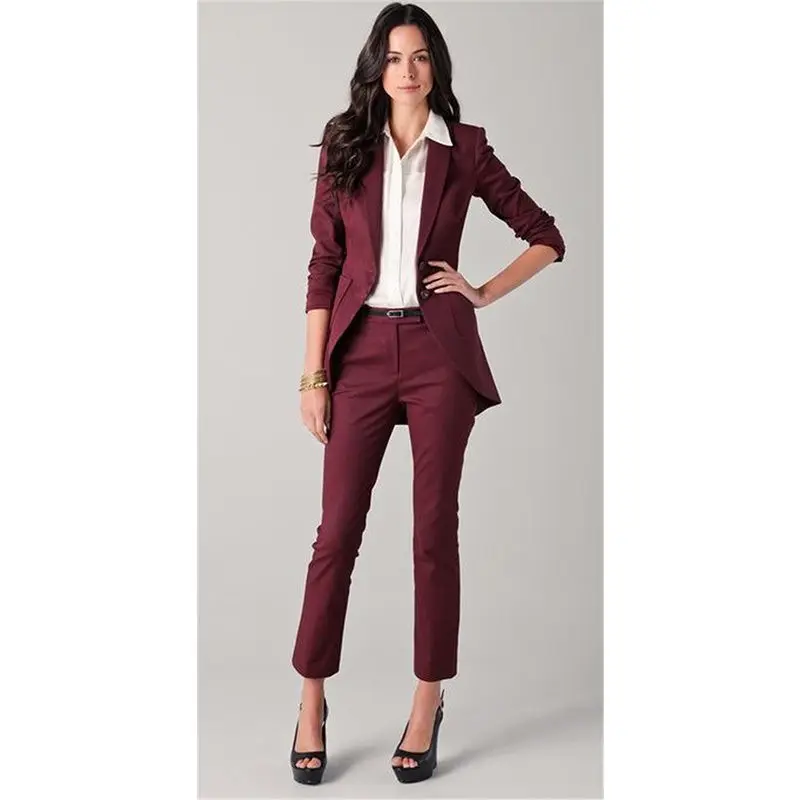 Burgundy Womens Office Suits Pants Set Long Jacket Morning Suits Female Business Suit 2 Piece B247 