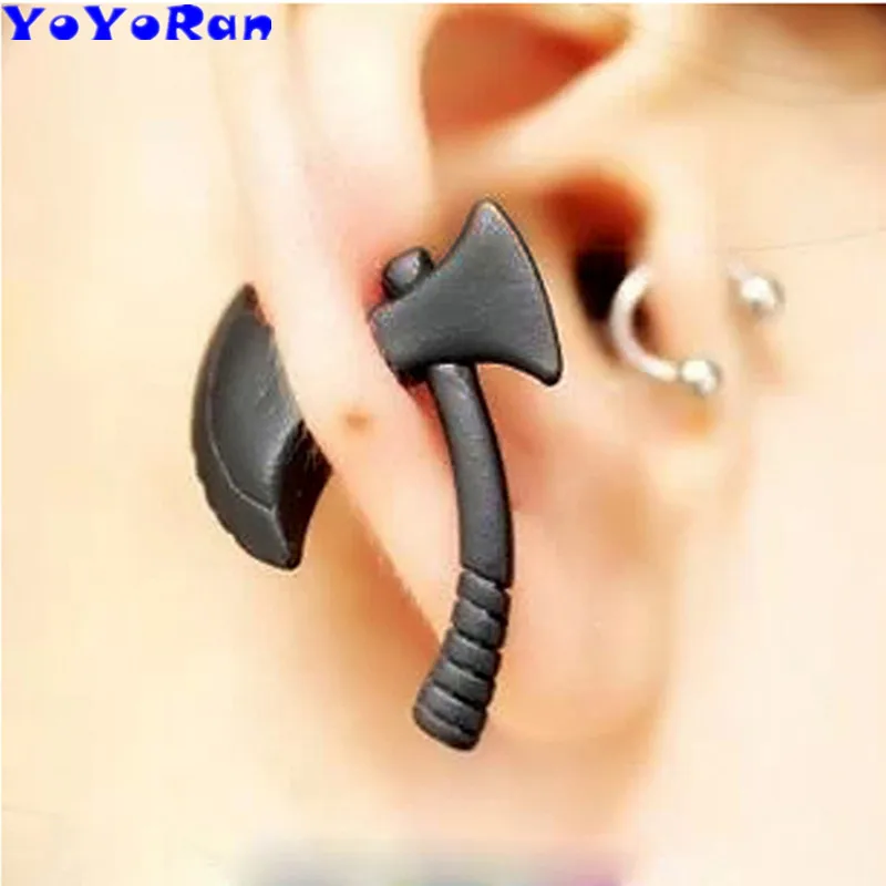 Цельнокроеное платье, модное ювелирное изделие черные однотонные топор сережки-гвоздики, ухо манжеты мужские и женские металлические 3D из вулканической лавы и панковские серьги-гвоздики для мужчин и женщин; подарок