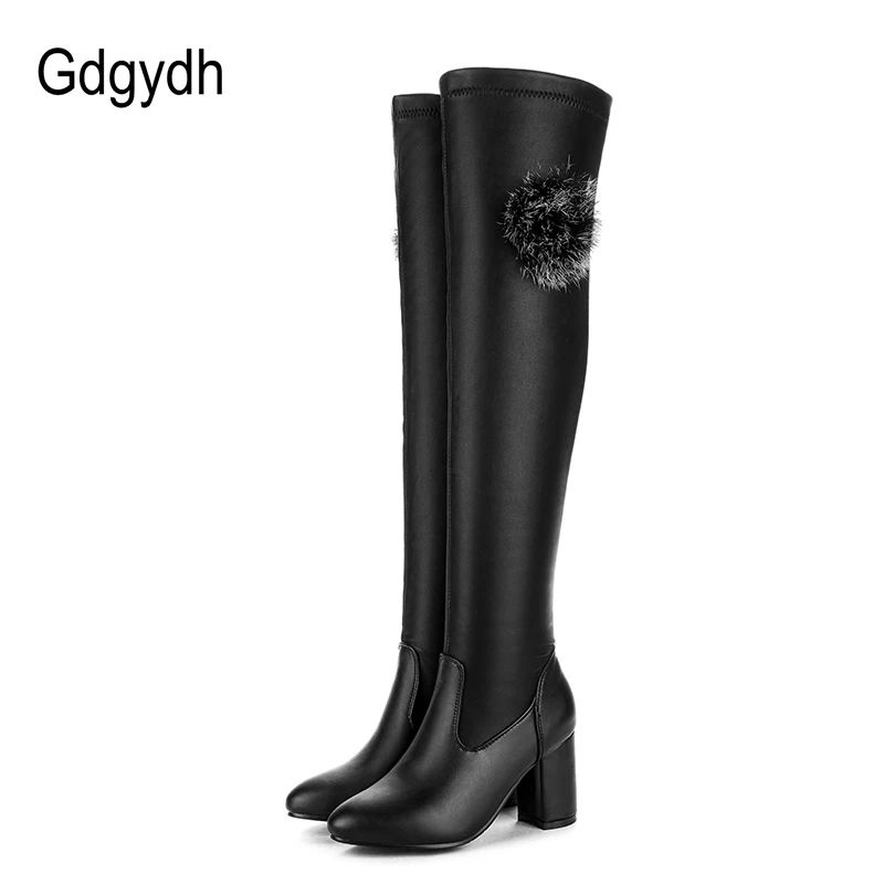 

Gdgydh Women Leather Shoes Over The Knee Boots Black Winter Slip On for Women Thick High Heels Autumn Shoes Thigh High Boots