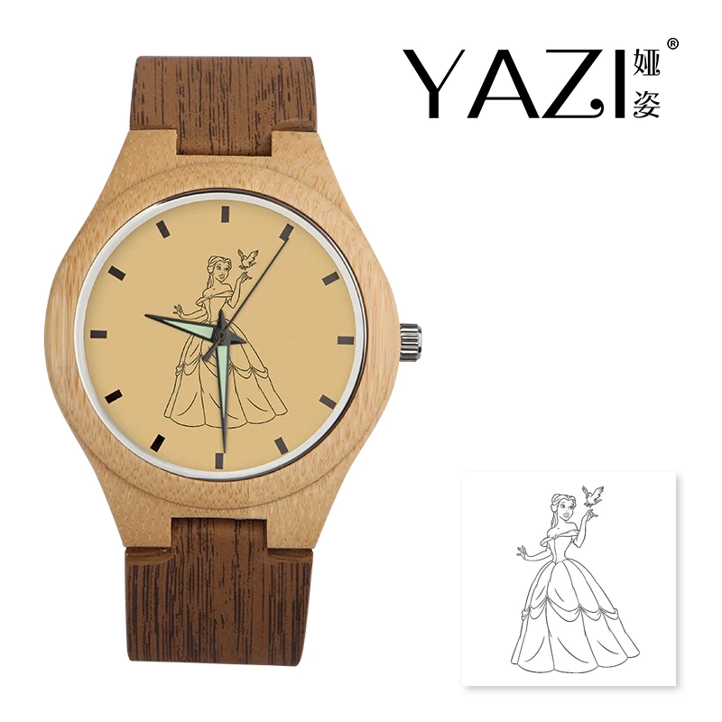 

YAZI DIY Wooden Watch Princess Lucky Logo Quartz Watches Natural Wooden Stripe Band Bamboo Wood Case Wrist Watches Memory Gift