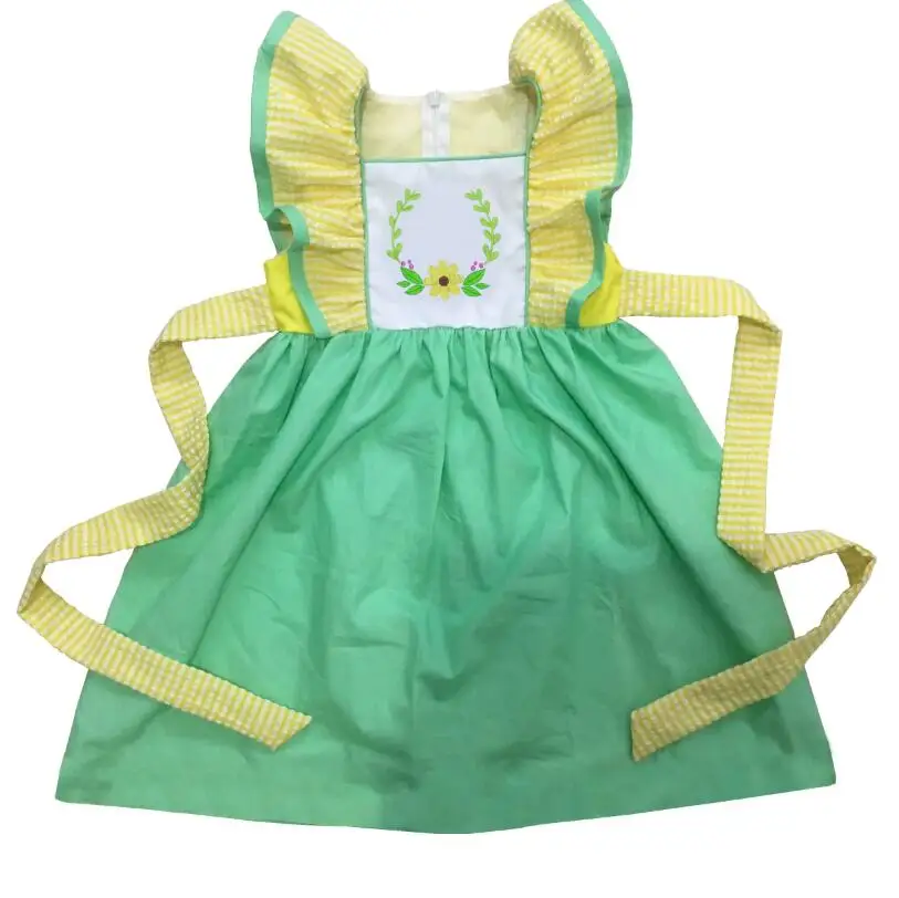 

Puresun Factory Sale Infant Girls Dress Baby Girls Yellow Flutter Sleeve Dress With Belt Girl Summer Embroidery Boutique dress