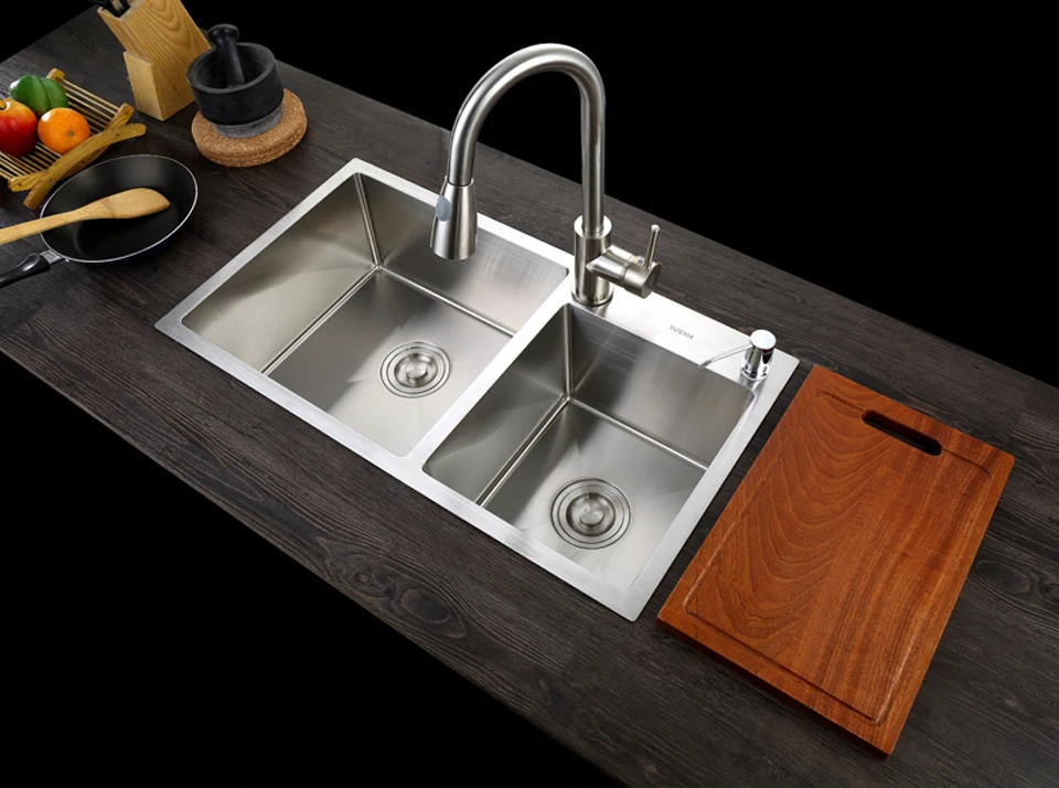 SUS304 Stainless Steel Kitchen Sink Vessel Set With Faucet Double Sink