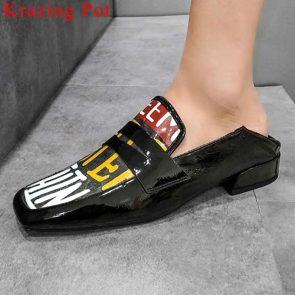 

Krazing Pot 2019 concise design mixed colors low heels slip on square toe women pumps British school popular graffiti shoes L7f1
