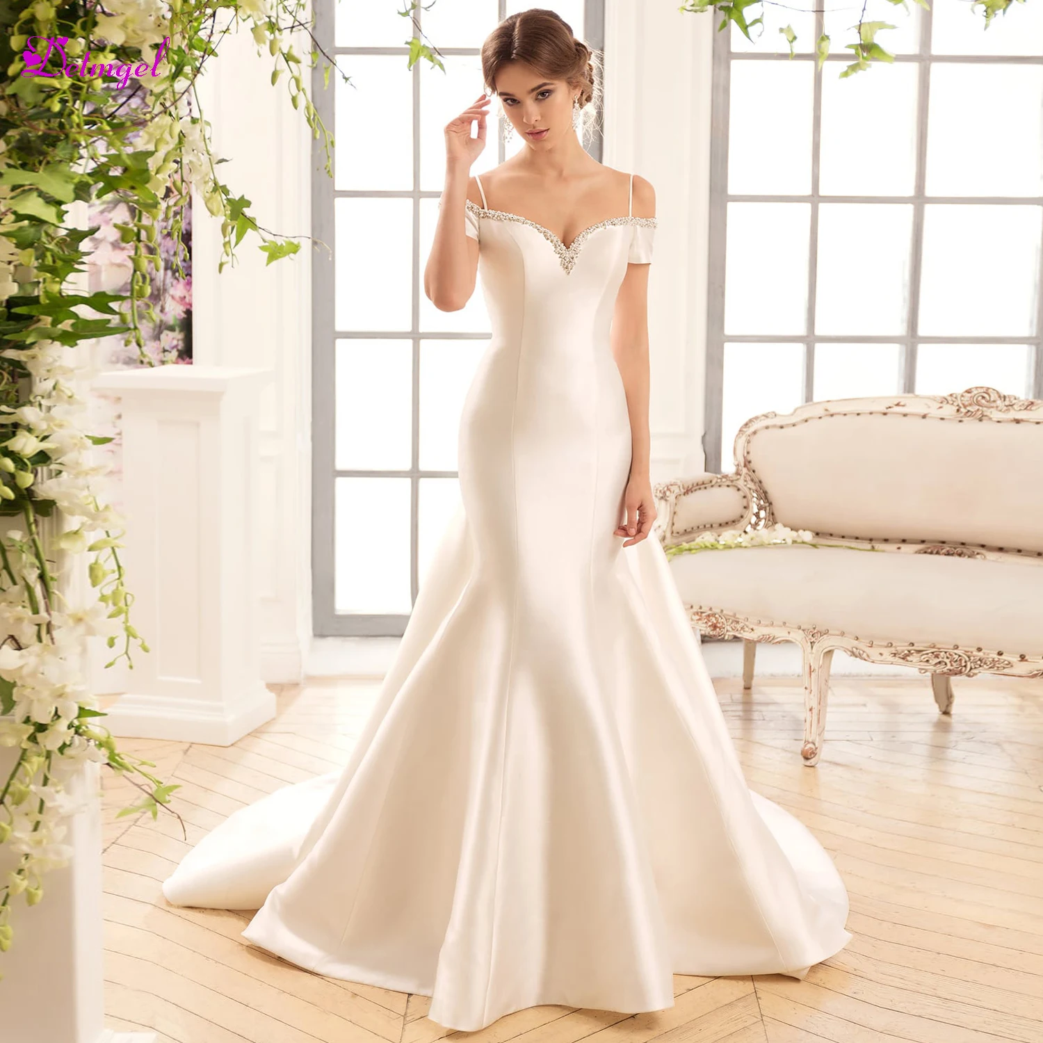 

Luxury Sweetheart Neck Beaded Satin Mermaid Wedding Dress 2019 Graceful Spaghetti Straps Detachable Train Wedding Gown Plus Size