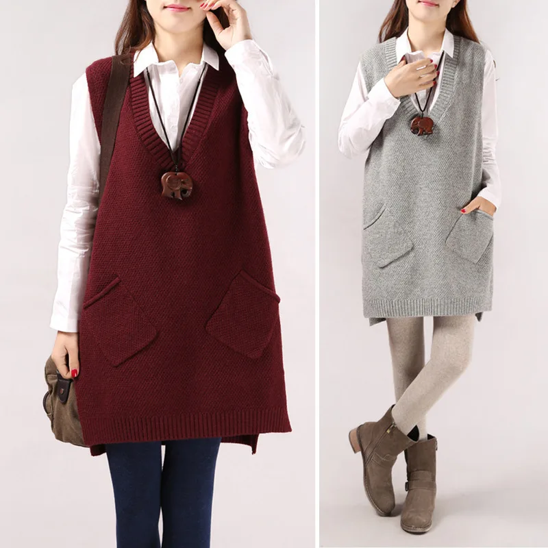 

Faux Rabbit Fur Long Sweater Dress Side Pocket Loose Knitted Base V Neck Sleeveless Female Vest Spring New Clothes Casual Wear