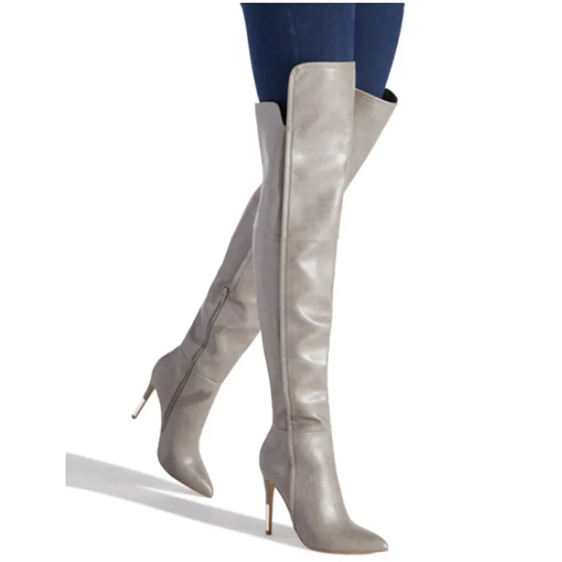 Зимние однотонные кожаные сапоги до бедра на металлической шпильке; женские пикантные ботфорты с острым носком; модная обувь на высоком каблуке