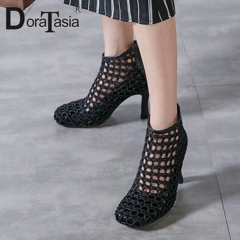 

DoraTasia 2019 Plus Size 33-43 Genuine Leather Boots For Ladies 10cm High Heels Mesh Shaft Spring Autumn Dating Boots For Ladies