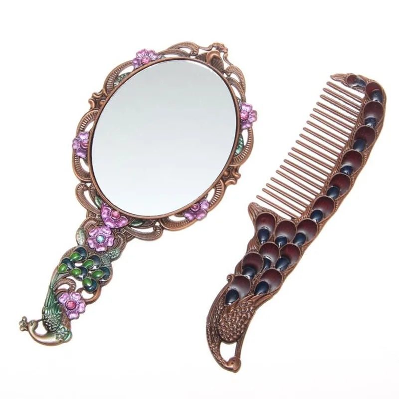 Aishangmei изысканное ретро зеркало для макияжа с дизайном павлина, металлическое портативное зеркало и Расчёска в комплекте, косметические зеркала