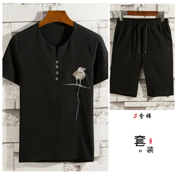 

New Fashion Men Summer Round Tie Button Short Sleeve T-shirt Shorts Suit, Simple Personality Bird Embroidery Casual Suit